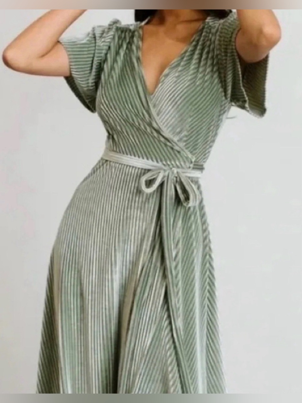 Baltic Born Andi Ribbed Velvet Wrap Dress in Dusty Sage - Picture 2 of 11